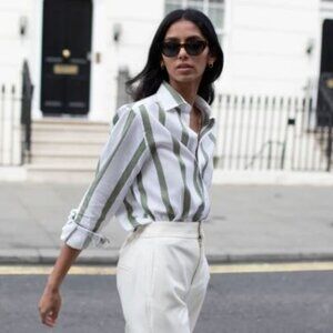 WNU The Boyfriend Weave Khaki Stripe Shirt Women Sz US 12 Excellent Condition